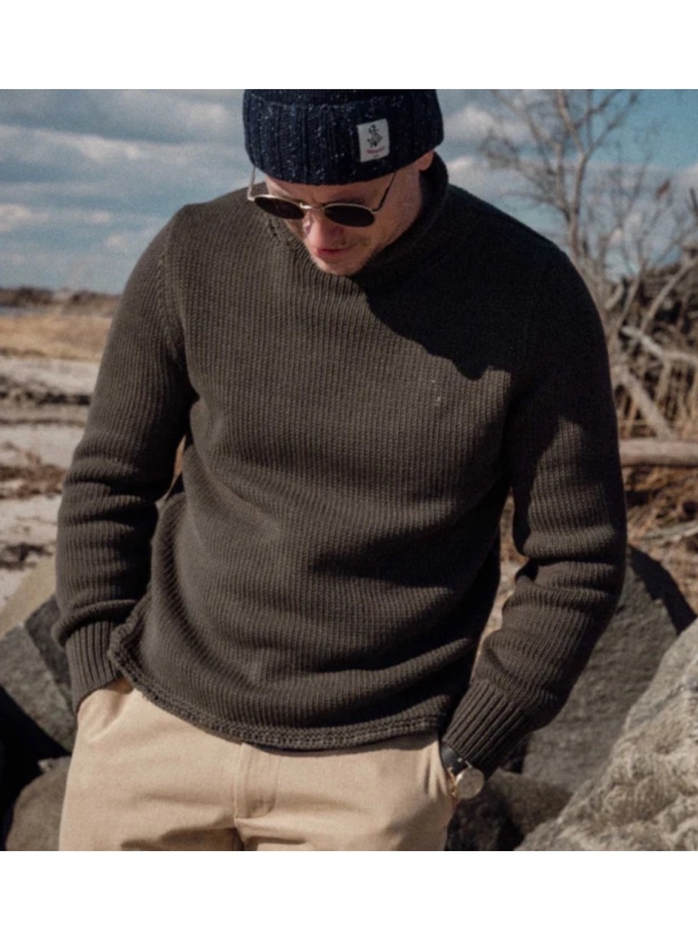 Quaker Marine | Fisherman's Sweater Olive Green Knit Roll Mockneck | L